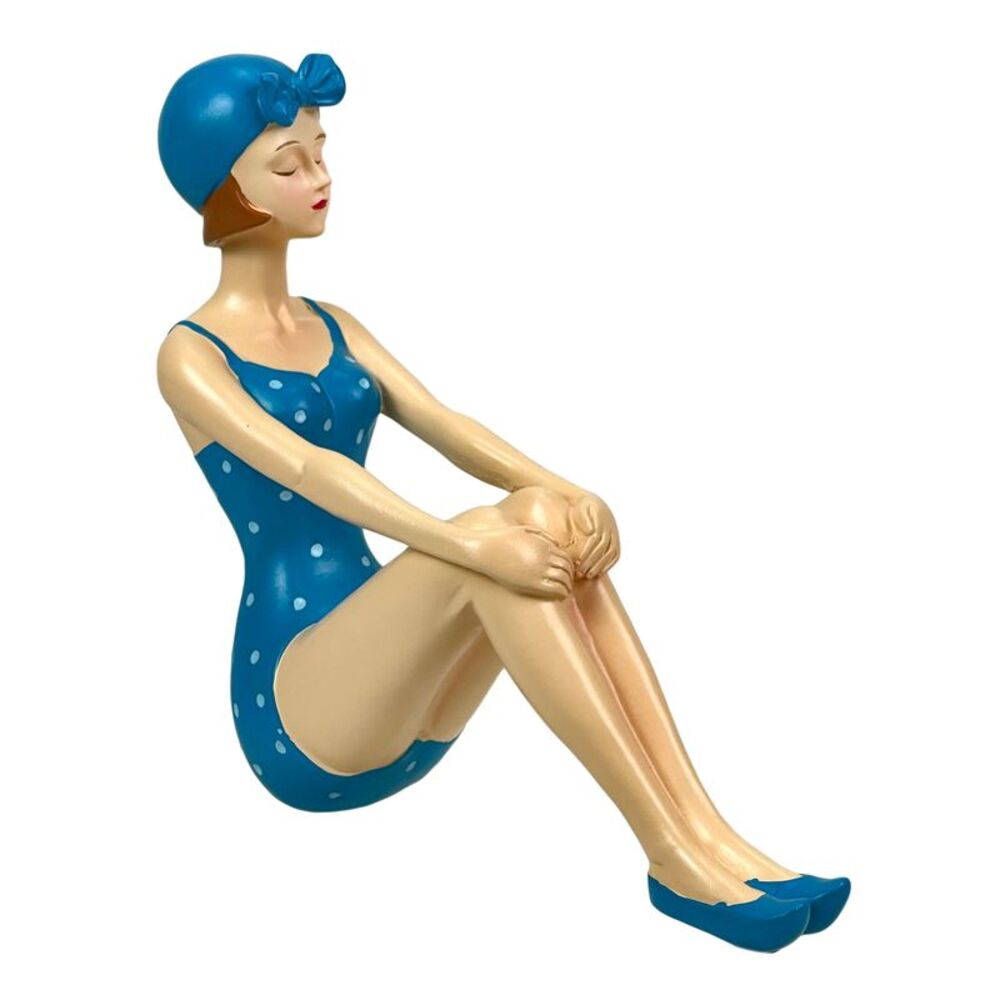 Retro Beach Beauty Sunbathing Figurine Aegean Blue Polka Dot Pinup 7.5 inch